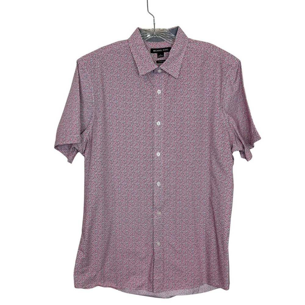 Michael Kors Classic Fit Button Shirt Men L Short Sleeve Red Blue Confetti Flora